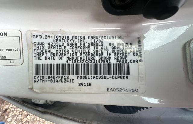 4T1BE32KX3U147591 - 2003 TOYOTA CAMRY LE WHITE photo 10