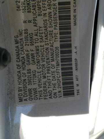 2HGFC1F71MH706036 - 2021 HONDA CIVIC EXL WHITE photo 13