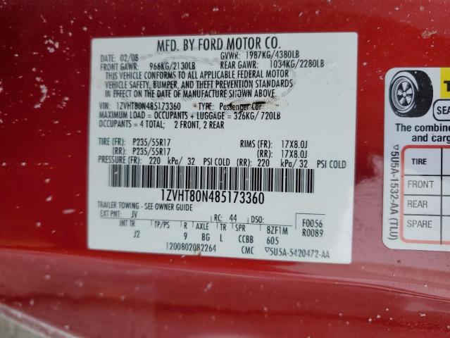 1ZVHT80N485173360 - 2008 FORD MUSTANG RED photo 12