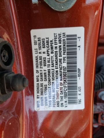 19XFC1F75KE003157 - 2019 HONDA CIVIC EXL RED photo 10