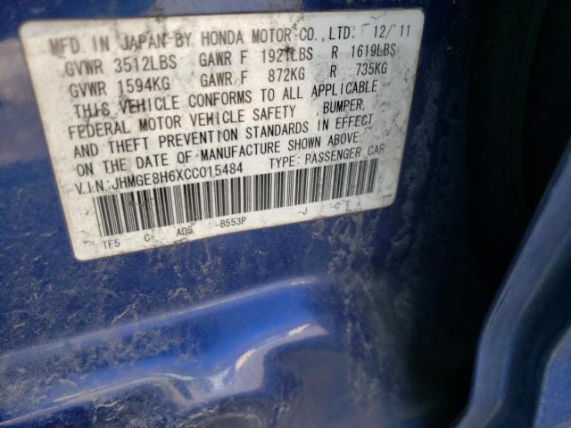 JHMGE8H6XCC015484 - 2012 HONDA FIT SPORT BLUE photo 13