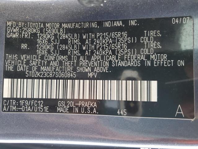 5TDZK23C87S060845 - 2007 TOYOTA SIENNA CE GRAY photo 12