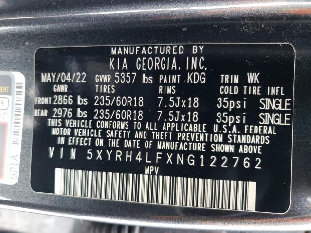 5XYRH4LFXNG122762 - 2022 KIA SORENTO EX GRAY photo 13