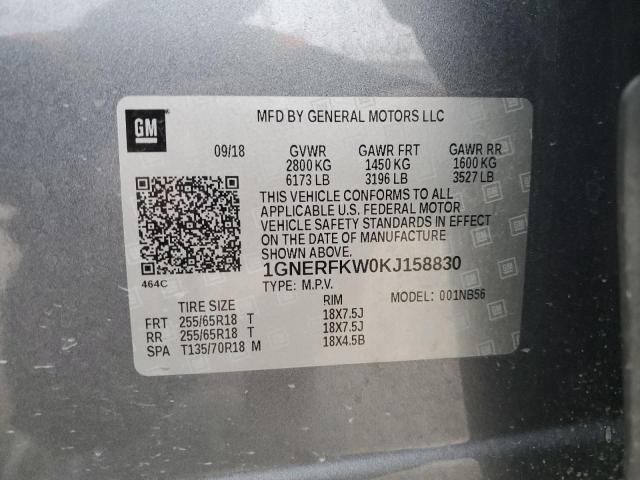 1GNERFKW0KJ158830 - 2019 CHEVROLET TRAVERSE L GRAY photo 13