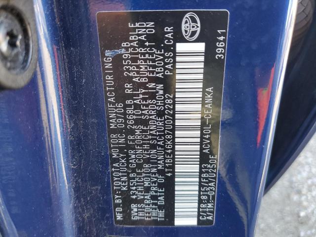 4T1BE46K87U072282 - 2007 TOYOTA CAMRY CE BLUE photo 12