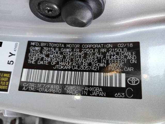 JTDKARFU4J3057421 - 2018 TOYOTA PRIUS SILVER photo 12