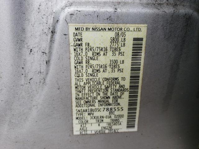 5N1AR18U35C788555 - 2005 NISSAN PATHFINDER LE SILVER photo 12