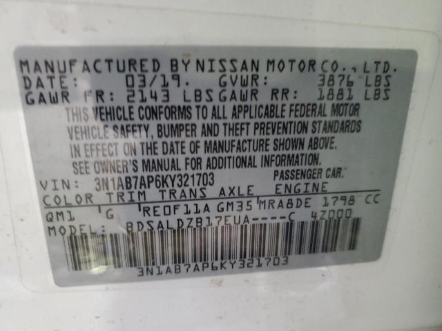 3N1AB7AP6KY321703 - 2019 NISSAN SENTRA S WHITE photo 12