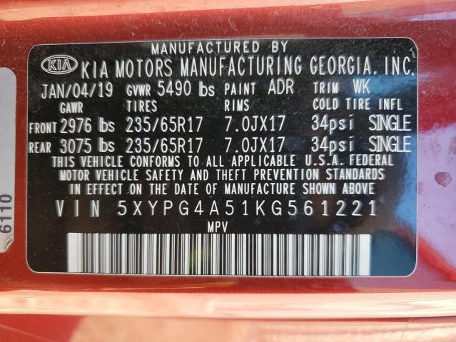 5XYPG4A51KG561221 - 2019 KIA SORENTO LX RED photo 14