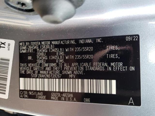 5TDFZRAH2NS139267 - 2022 TOYOTA HIGHLANDER PLATINUM BLUE photo 12