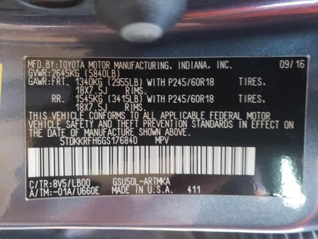 5TDKKRFH6GS176840 - 2016 TOYOTA HIGHLANDER XLE Сірий фото 13