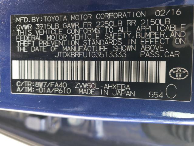 JTDKBRFU1G3513333 - 2016 TOYOTA PRIUS BLUE photo 12