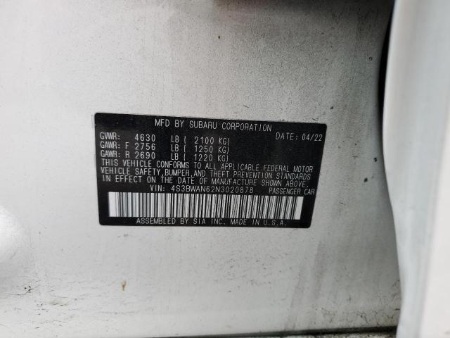 4S3BWAN62N3020878 - 2022 SUBARU LEGACY LIMITED WHITE photo 12