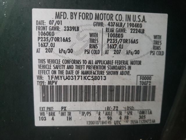 1FMYU03171KC58013 - 2001 FORD ESCAPE XLT GREEN photo 14