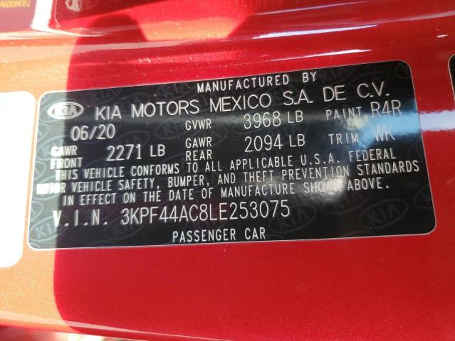 3KPF44AC8LE253075 - 2020 KIA FORTE GT RED photo 12