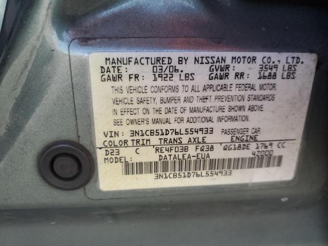 3N1CB51D76L554933 - 2006 NISSAN SENTRA 1.8 GREEN photo 12