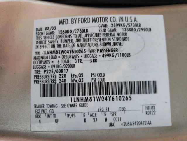 1LNHM81W04Y610265 - 2004 LINCOLN TOWN CAR EXECUTIVE Золотой фото 12