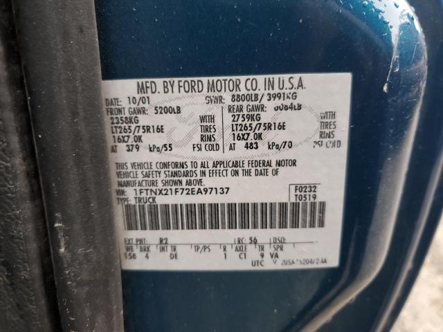 1FTNX21F72EA97137 - 2002 FORD F250 SUPER DUTY BLUE photo 10