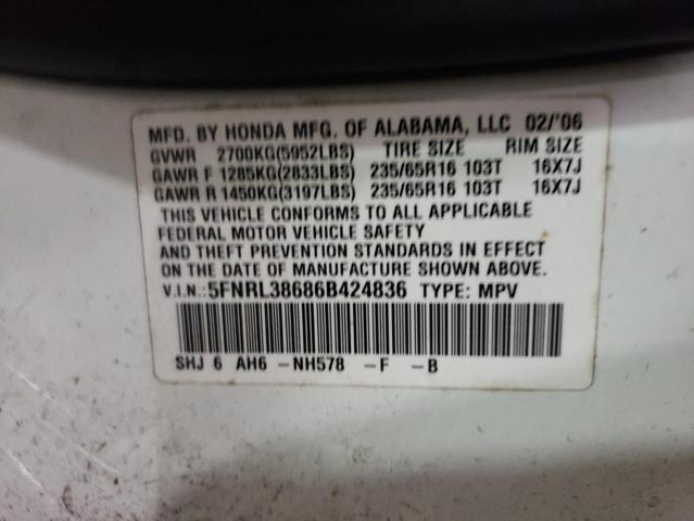 5FNRL38686B424836 - 2006 HONDA ODYSSEY EXL WHITE photo 13