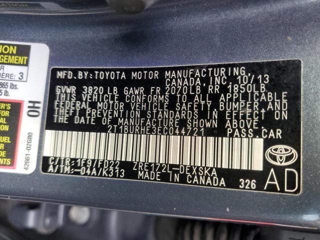 2T1BURHE3EC044721 - 2014 TOYOTA COROLLA L GRAY photo 12