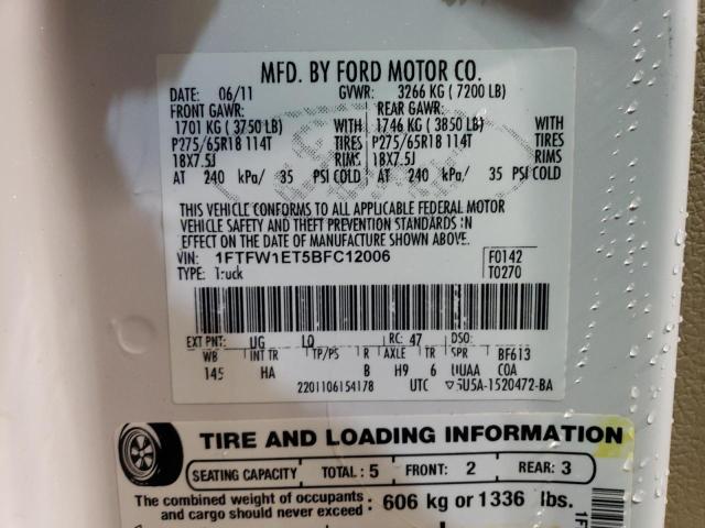 1FTFW1ET5BFC12006 - 2011 FORD F150 SUPERCREW WHITE photo 12