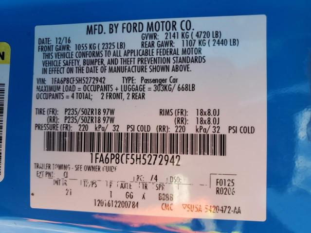 1FA6P8CF5H5272942 - 2017 FORD MUSTANG GT BLUE photo 12