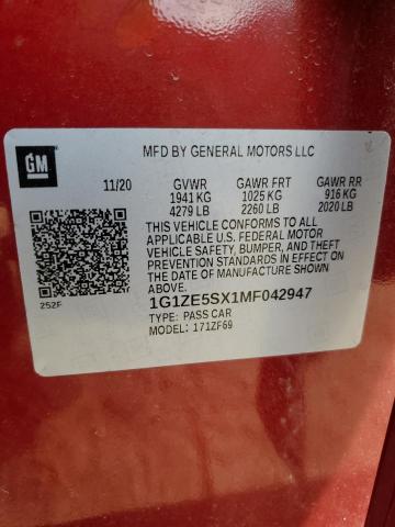 1G1ZE5SX1MF042947 - 2021 CHEVROLET MALIBU PREMIER RED photo 12