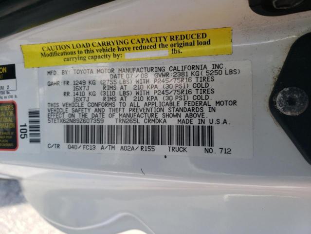 5TETX62N89Z607359 - 2009 TOYOTA TACOMA PRERUNNER ACCESS CAB WHITE photo 12