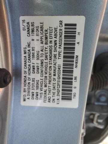 2HGFC2F51GH533451 - 2016 HONDA CIVIC LX SILVER photo 12