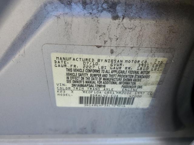 3N1AB6AP3AL729016 - 2010 NISSAN SENTRA 2.0 SILVER photo 12