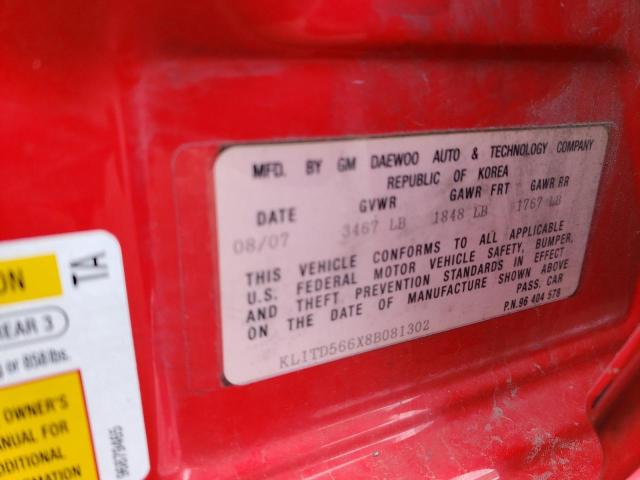 KL1TD566X8B081302 - 2008 CHEVROLET AVEO BASE RED photo 12