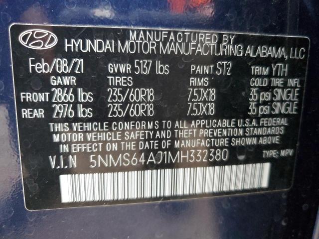 5NMS64AJ1MH332380 - 2021 HYUNDAI SANTA FE SEL BLUE photo 13