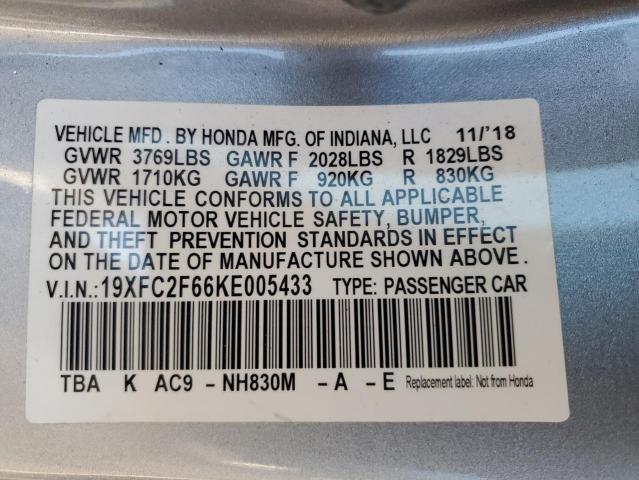 19XFC2F66KE005433 - 2019 HONDA CIVIC LX SILVER photo 13