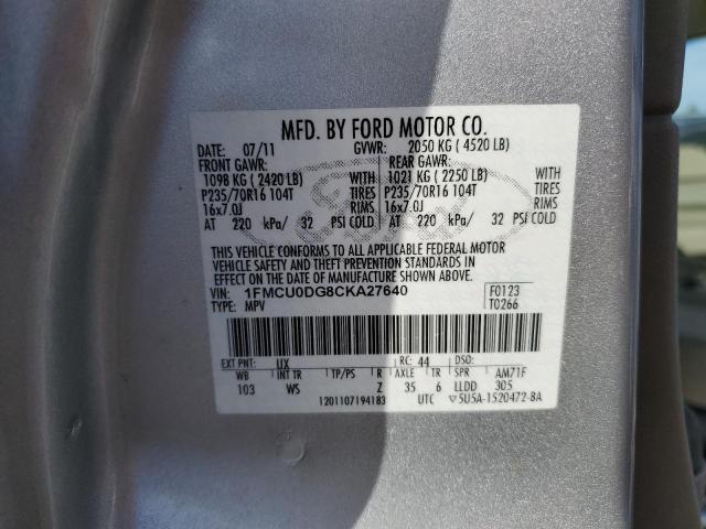 1FMCU0DG8CKA27640 - 2012 FORD ESCAPE XLT SILVER photo 12