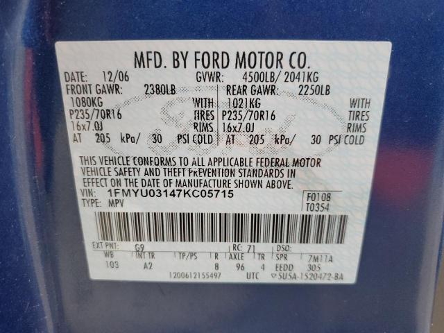 1FMYU03147KC05715 - 2007 FORD ESCAPE XLT BLUE photo 12