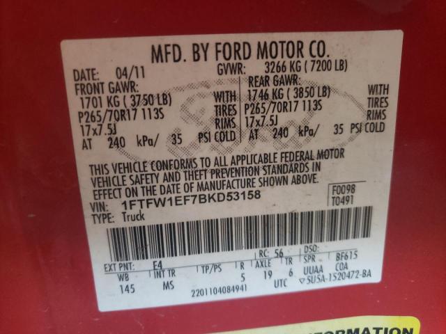 1FTFW1EF7BKD53158 - 2011 FORD F150 SUPERCREW RED photo 12