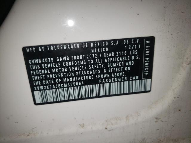 3VW2K7AJ8CM355094 - 2012 VOLKSWAGEN JETTA BASE 白色 照片 12