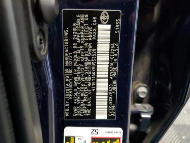 4T1G11AKXMU553928 - 2021 TOYOTA CAMRY SE BLUE photo 12