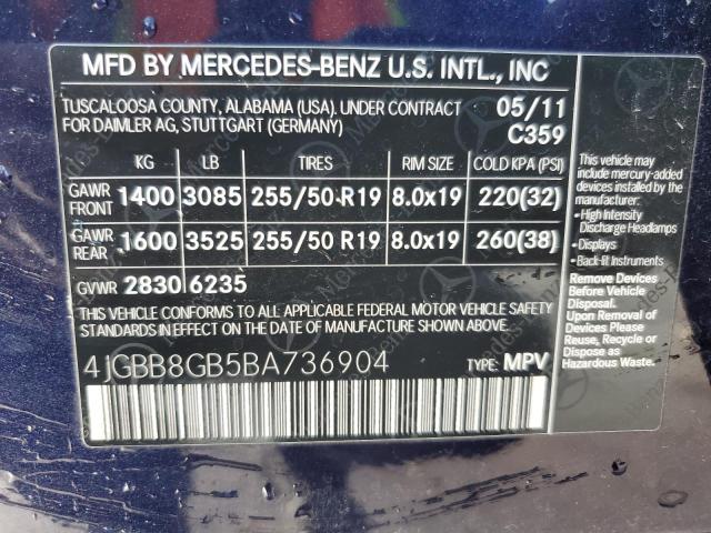 4JGBB8GB5BA736904 - 2011 MERCEDES-BENZ ML 350 4MATIC BLUE photo 14