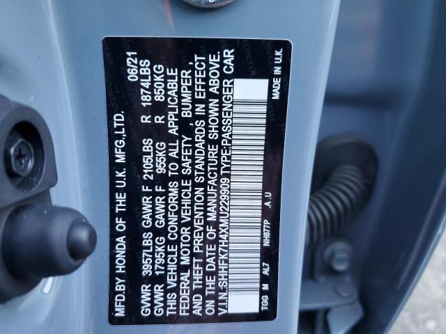 SHHFK7H4XMU229909 - 2021 HONDA CIVIC SPORT GRAY photo 12