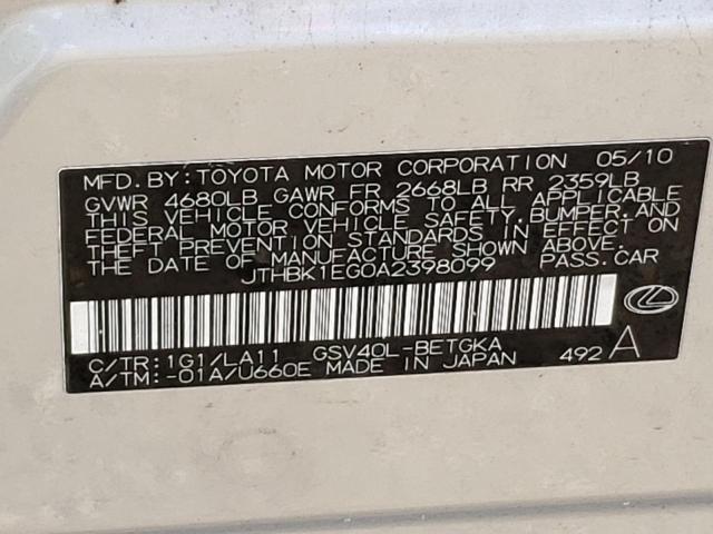 JTHBK1EG0A2398099 - 2010 LEXUS ES 350 SILVER photo 12