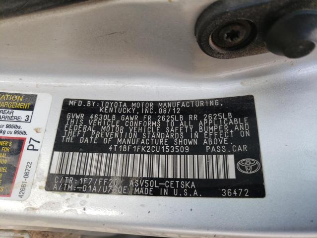 4T1BF1FK2CU153509 - 2012 TOYOTA CAMRY BASE SILVER photo 13