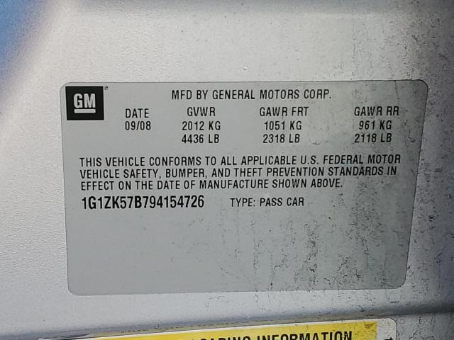 1G1ZK57B794154726 - 2009 CHEVROLET MALIBU LTZ ვერცხლისფერი ფოტო 12