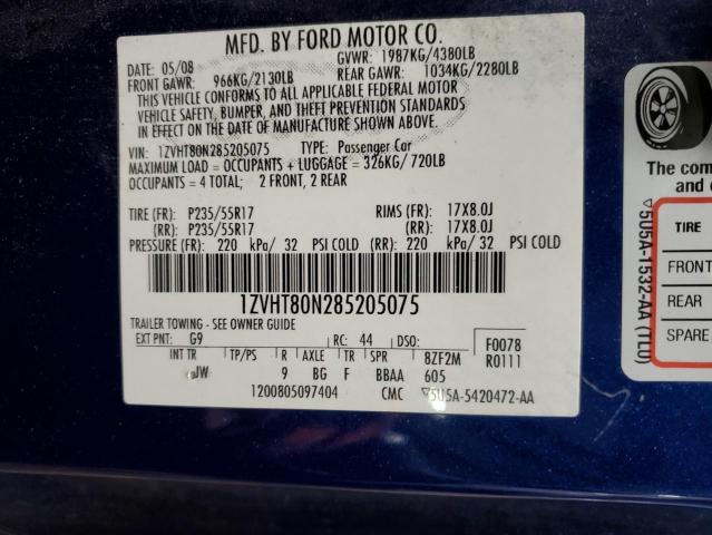 1ZVHT80N285205075 - 2008 FORD MUSTANG BLUE photo 12