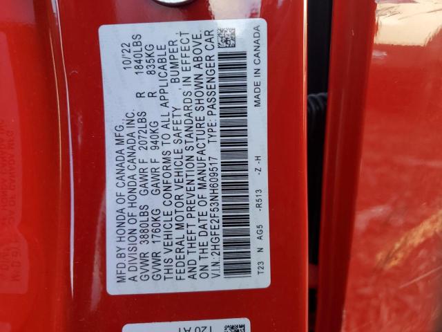 2HGFE2F53NH609517 - 2022 HONDA CIVIC SPORT 红色 照片 12