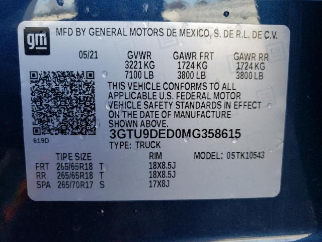 3GTU9DED0MG358615 - 2021 GMC SIERRA K1500 SLT BLUE photo 12