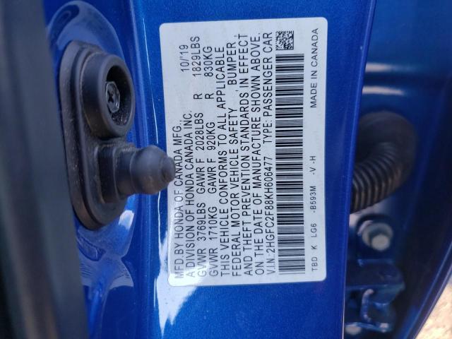 2HGFC2F88KH606477 - 2019 HONDA CIVIC SPORT 蓝色 照片 12