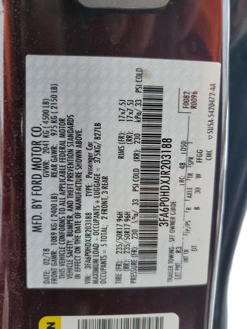 3FA6P0HDXJR203188 - 2018 FORD FUSION SE MAROON photo 12