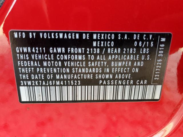 3VW2K7AJ6FM411523 - 2015 VOLKSWAGEN JETTA BASE 红色 照片 12