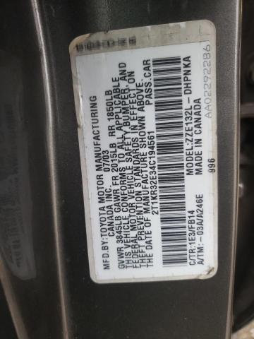 2T1KR32E34C194561 - 2004 TOYOTA COROLLA MA XR GRAY photo 13